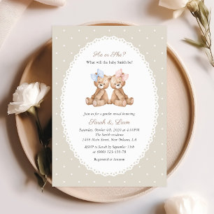 Invitation Ours en peluche, Nœud, Points noirs beige, Révélat