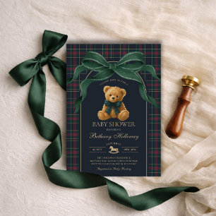 Invitation Ours en peluche Polo Luxe Arc Vert Carreaux Baby S