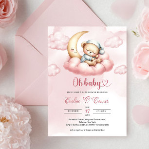 Invitation Ours en peluche rose aquarelle dormant sur la lune