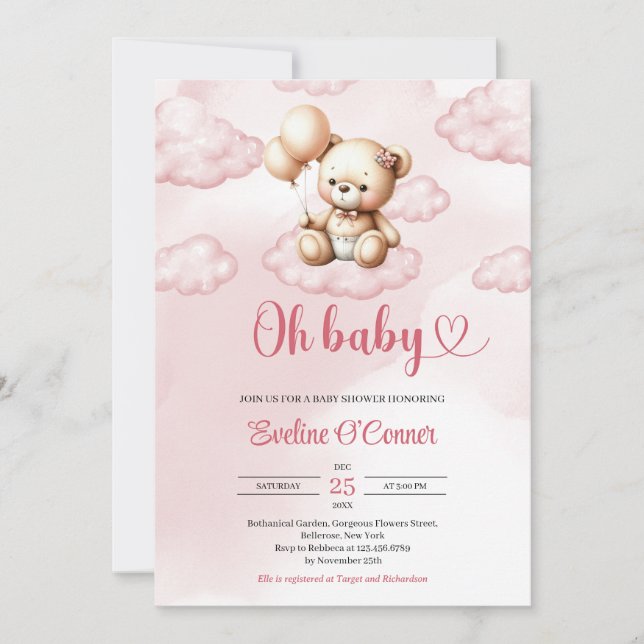 Invitation Ours en peluche rose d'aquarelle mignon sur le nua (Devant)
