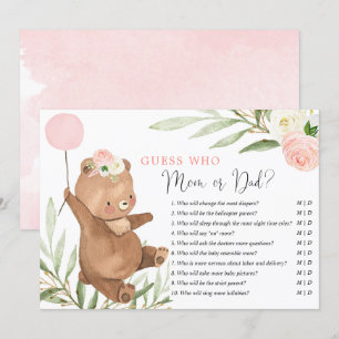 Invitation Ours en peluche rose fleuri pour maman ou papa