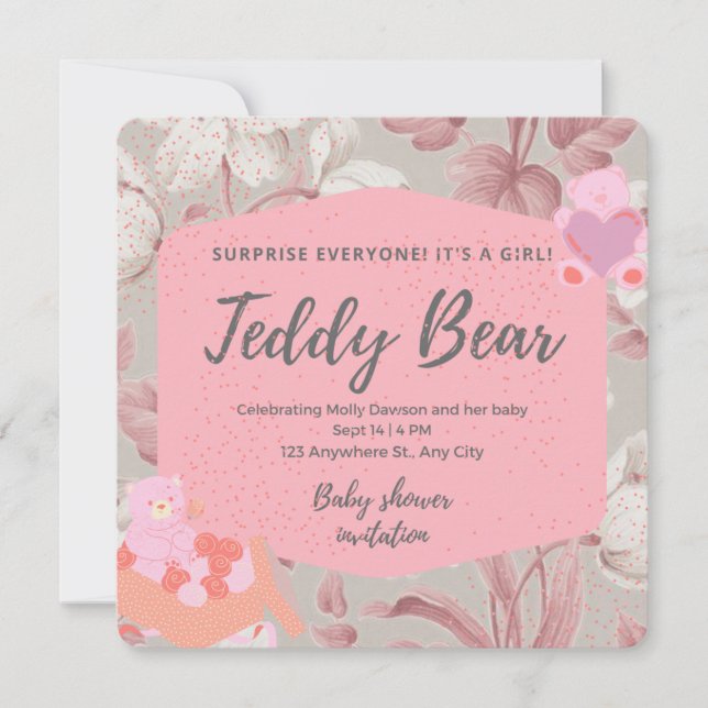 Invitation Ours en peluche rose floral vert baby shower fille (Devant)