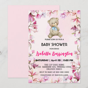Invitation Ours en peluche rose mignon garçon fleurs baby sho
