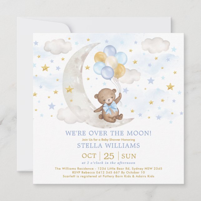 Invitation Ours en peluche sur lune Ballons d'or bleu Bébé Ga (Devant)