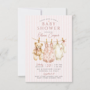 Invitation Ours en peluche sur un fil à linge Fille Rose Baby