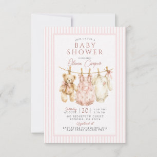 Invitation Ours en peluche sur un fil à linge Fille Rose Baby