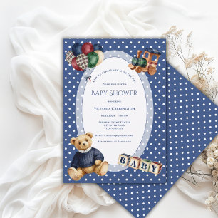 Invitation Ours en peluche vintage à pois bleus et blancs