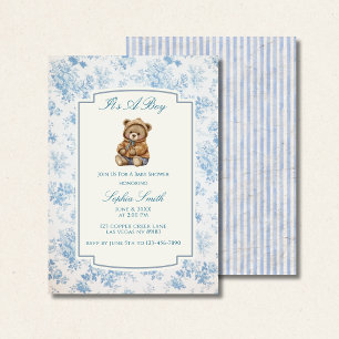 Invitation Ours en peluche vintage, toile française fleurs bl