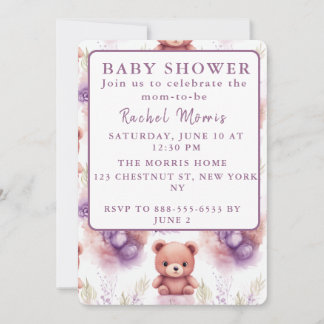 Invitation Ours en peluche violet et fleurs - Baby Shower