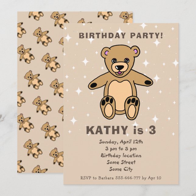 Invitation Ours En Teddy Dessin Garçon Beige Fille Anniversai (Devant / Derrière)
