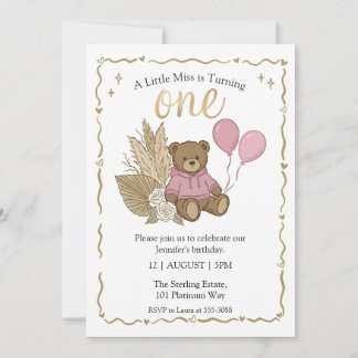 Invitation Ours en Teddy Marron Boho Ballons Roses Anniversai