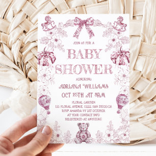 Invitation Ours en toile rose floral fille Baby Shower 