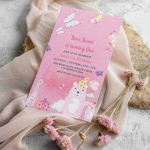 Invitation Ours et canard en peluche rose 1er anniversaire bé