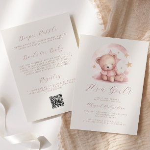 Invitation Ours Fille Code QR Aquarelle Rose Cadeau de Naissa