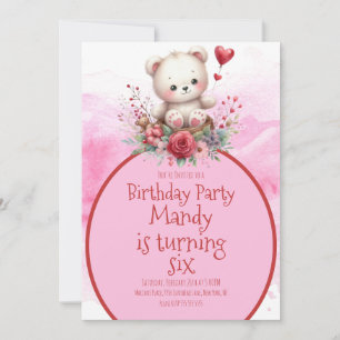 Invitation Ours Floral Aquarelle Rouge Anniversaire