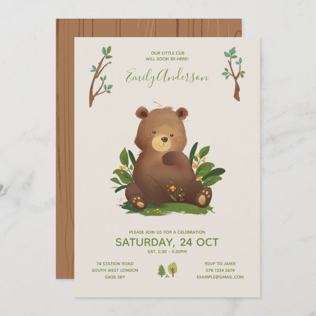 Invitation Ours ・ Forêt de forêt Baby shower rustique des ani (Devant / Derrière)