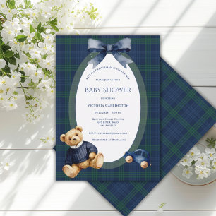 Invitation Ours gentleman à carreaux bleus et verts Baby Vint