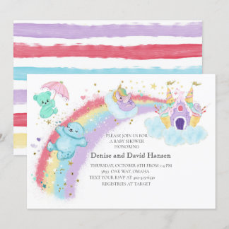 Invitation Ours , licorne et Baby shower arc-en-ciel
