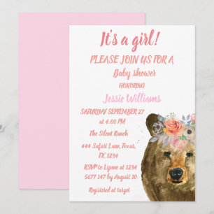 Invitation Ours mignon Animaux Bois Rose Floral Baby Girl