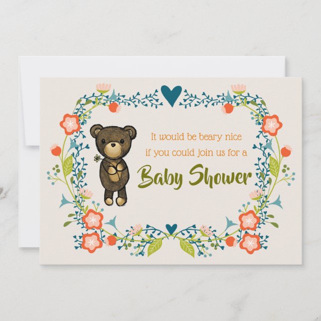 Invitation Ours mignon avec Baby shower de couronne fleurie (Devant)