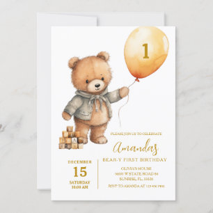 Invitation Ours mignon Avec Ballons Garçon Premier Anniversai