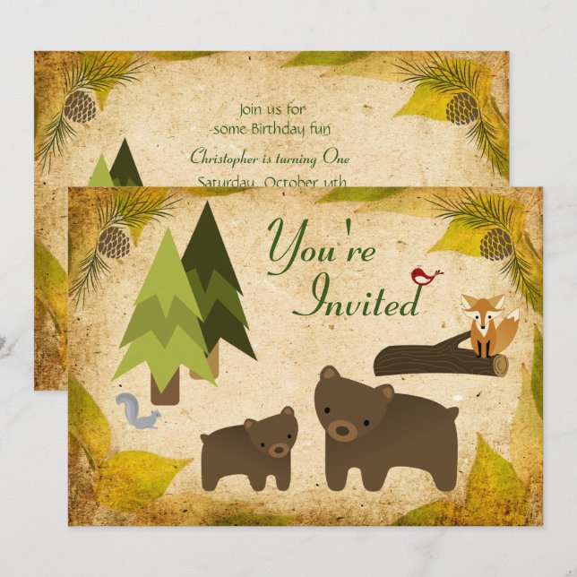 Invitation Ours mignons et animaux des bois 1er anniversaire (Devant / Derrière)