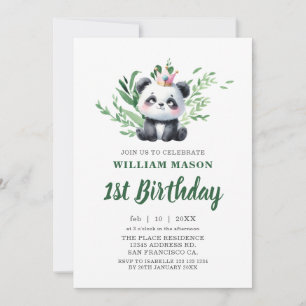 Invitation Ours Panda Mignon Aquarelle Verdure 1er Anniversai