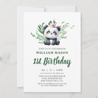Invitation Ours Panda Mignon Aquarelle Verdure 1er Anniversai
