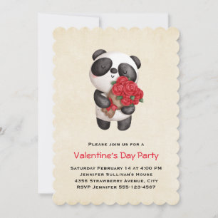 Invitation Ours Panda Tenant un Bouquet de Roses pour la Sain