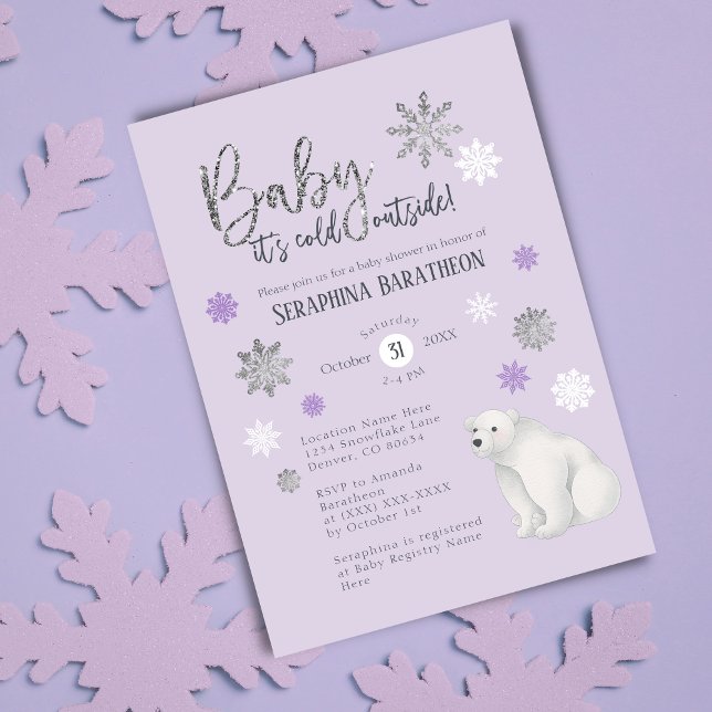 Invitation Ours polaire Baby shower de flocon de neige violet (Créateur téléchargé)