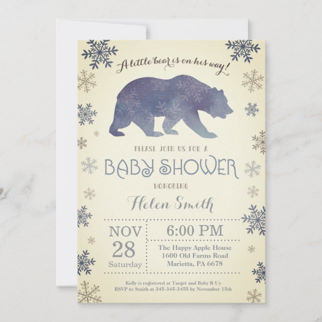 Invitation Ours polaire Baby shower de l'hiver Flocon de neig (Devant)