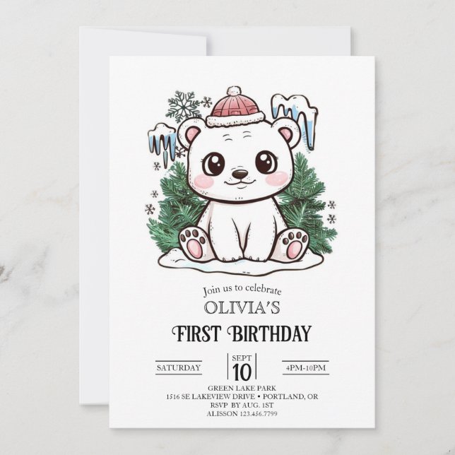 Invitation Ours polaire Boho neige 1er anniversaire numérique (Devant)