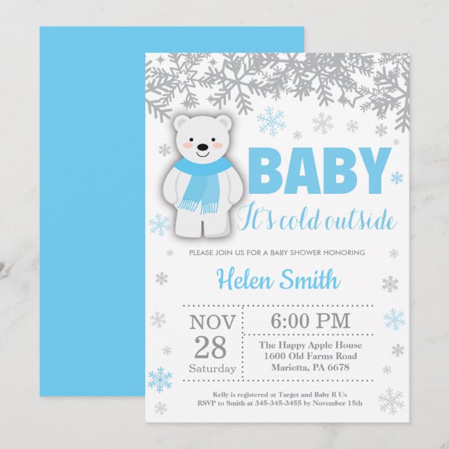 Invitation Ours polaire Hiver Baby shower Garçon bleu Flocon  (Devant / Derrière)