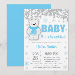 Invitation Ours polaire Hiver Baby shower Garçon bleu Flocon 