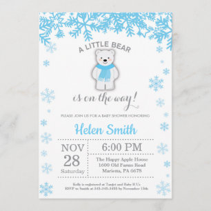 Invitation Ours polaire Hiver Baby shower Garçon bleu Flocon 