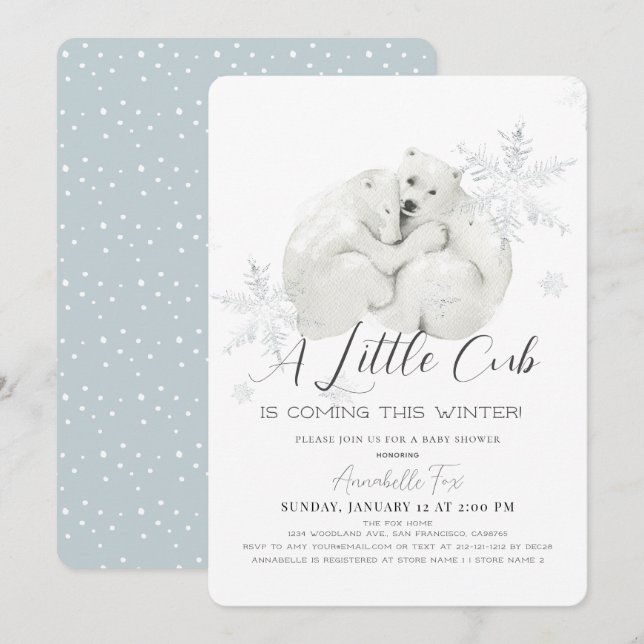 Invitation Ours polaire Hiver Flocon de neige Baby shower Gar (Devant / Derrière)