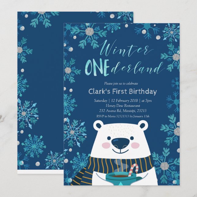 Invitation Ours polaire Hiver Onederland Anniversaire Invitat (Devant / Derrière)