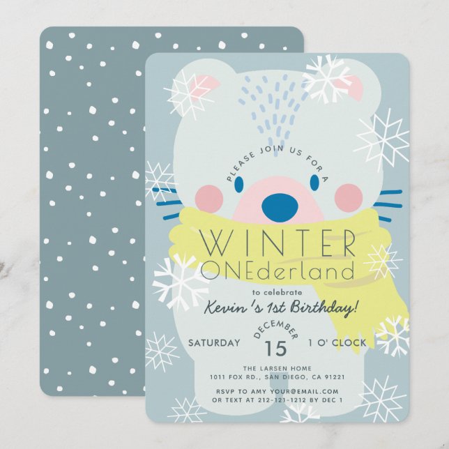 Invitation Ours polaire Hiver Onederland Bleu 1er anniversair (Devant / Derrière)