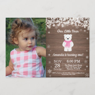 Invitation Ours Polaire Rustique Hiver Fille Anniversaire Pho