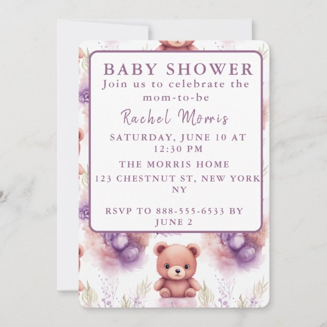 Invitation Ours pourpre en tourbillon et fleurs - Baby shower (Devant)