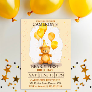 Invitation Ours Premier anniversaire Sexe Ours jaune neutre