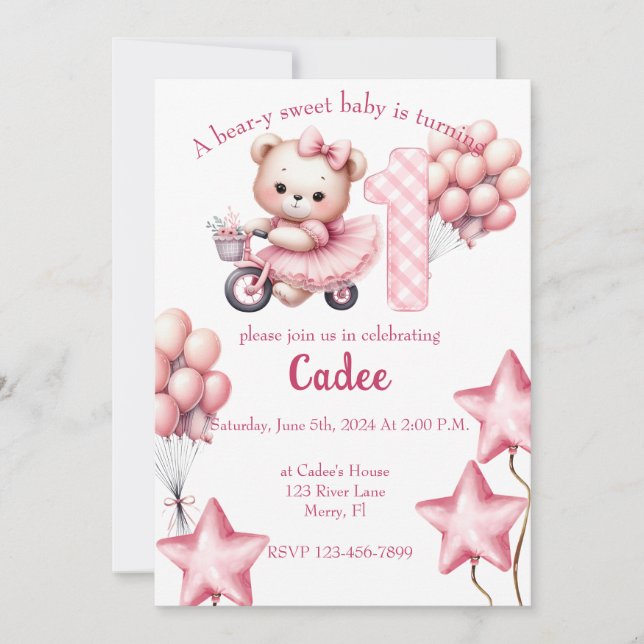 Invitation Ours rose lors de l'anniversaire BIcycle (Devant)