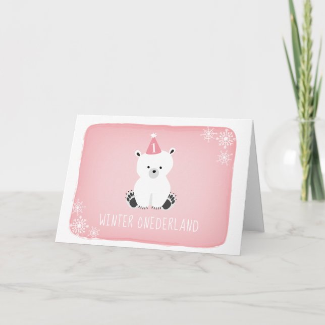 Invitation Ours rose Polaire Hiver Onederland Premier anniver (Devant)