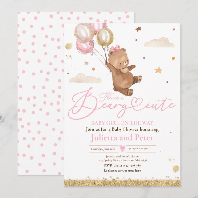 Invitation Ours Rose Teddy Béary Bébé mignonne fille sur le c (Devant / Derrière)