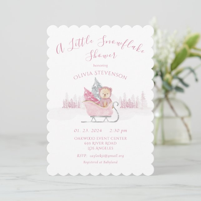 Invitation Ours Rose Un Petit Baby shower De Flocon De Neige (Debout devant)