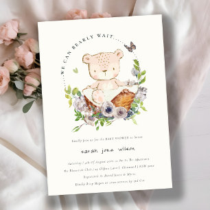 Invitation Ours Teddy Mignonne Dans Panier Fleur Baby shower 