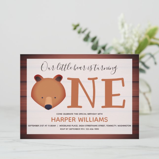 Invitation Ours Tourne un animal de bois premier anniversaire (Debout devant)