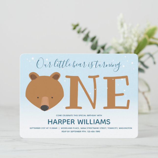 Invitation Ours Tourne un animal d'hiver 1er anniversaire (Debout devant)