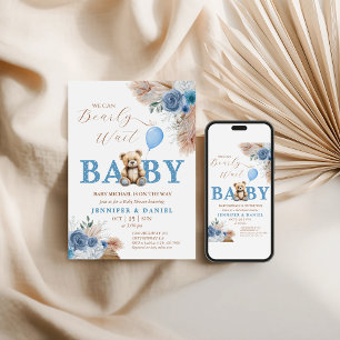Invitation Ourson Bleu Fantaisiste Baby Shower Bohème