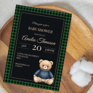 Invitation Ourson classique polo prépa plaid Baby Shower